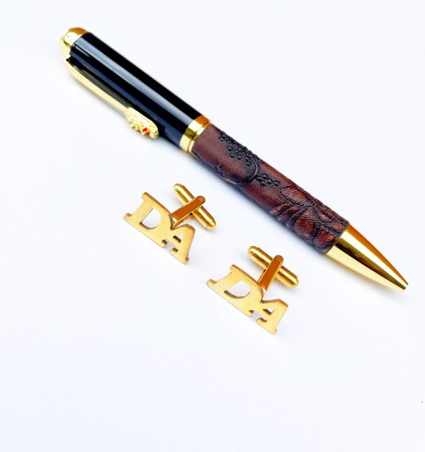 Gold Name Initial Cufflinks and Brown Leather Pen