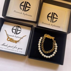 Gold Name Necklace and Name Pearl Chain Brooch