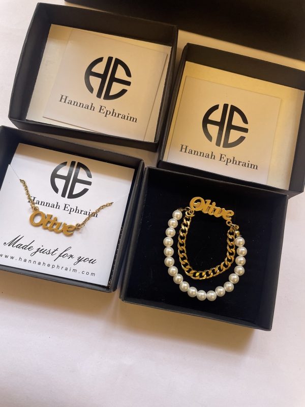 Gold Name Necklace and Name Pearl Chain Brooch