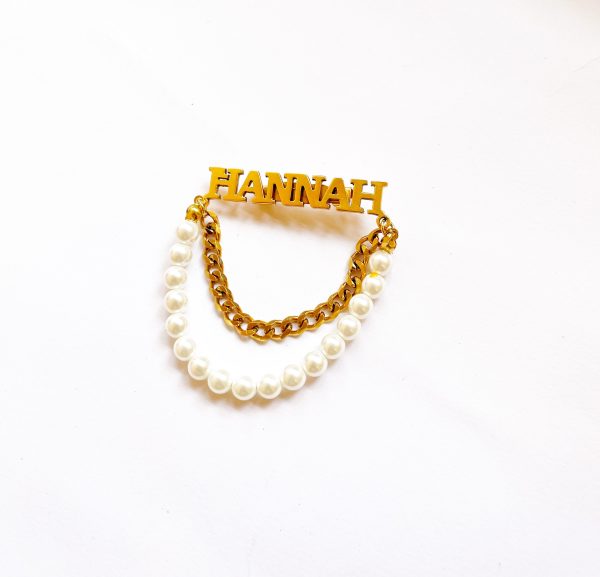 Gold Name Pearl and Chain Brooch