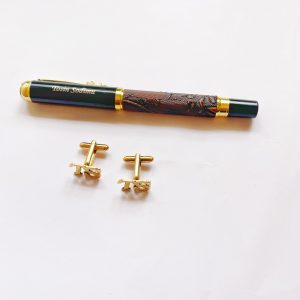 Name Initials Cufflinks and Brown Leather Pen