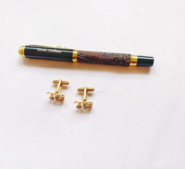 Name Initials Cufflinks and Brown Leather Pen